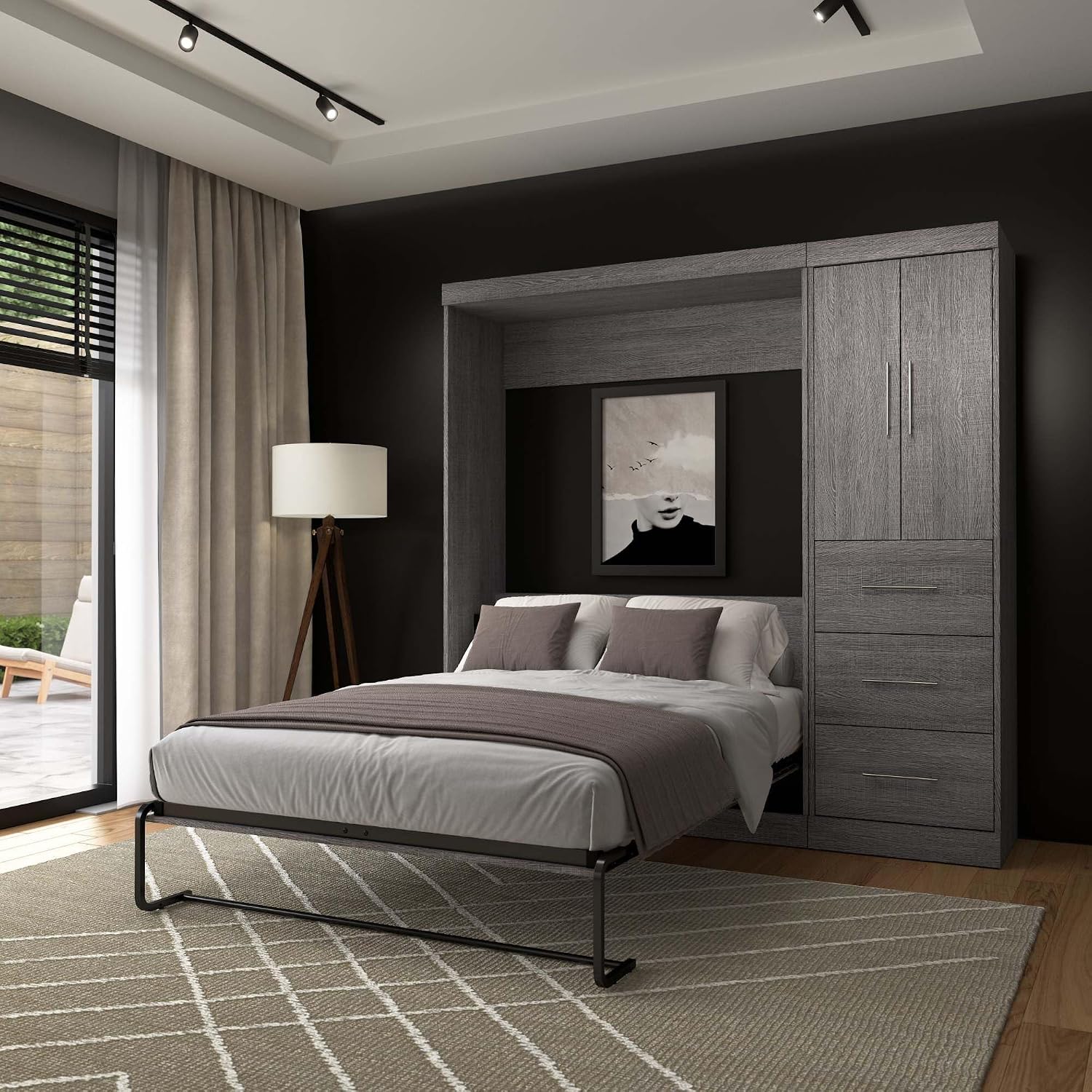 Bestar Nebula Full Murphy Bed with Wardrobe (84W) in Bark Gray, Sleeping Arrangement and Closet Organizer for Multipurpose Room | Wardrobe
