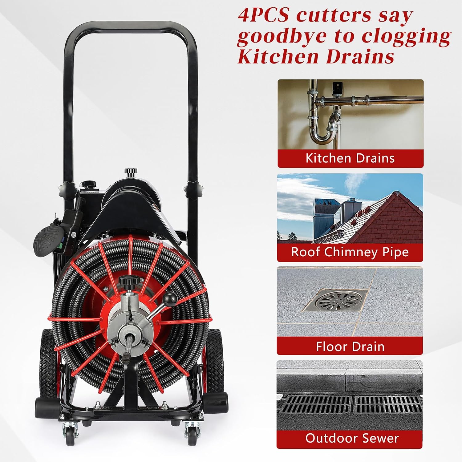 Drain Cleaner Machine, 100 ft x 1/2 in Sewer Auger for 1-4 in Pipes | 550W Motor with Auto-Feed Control, Air Foot Switch, GFCI Protection, 4 Cutters