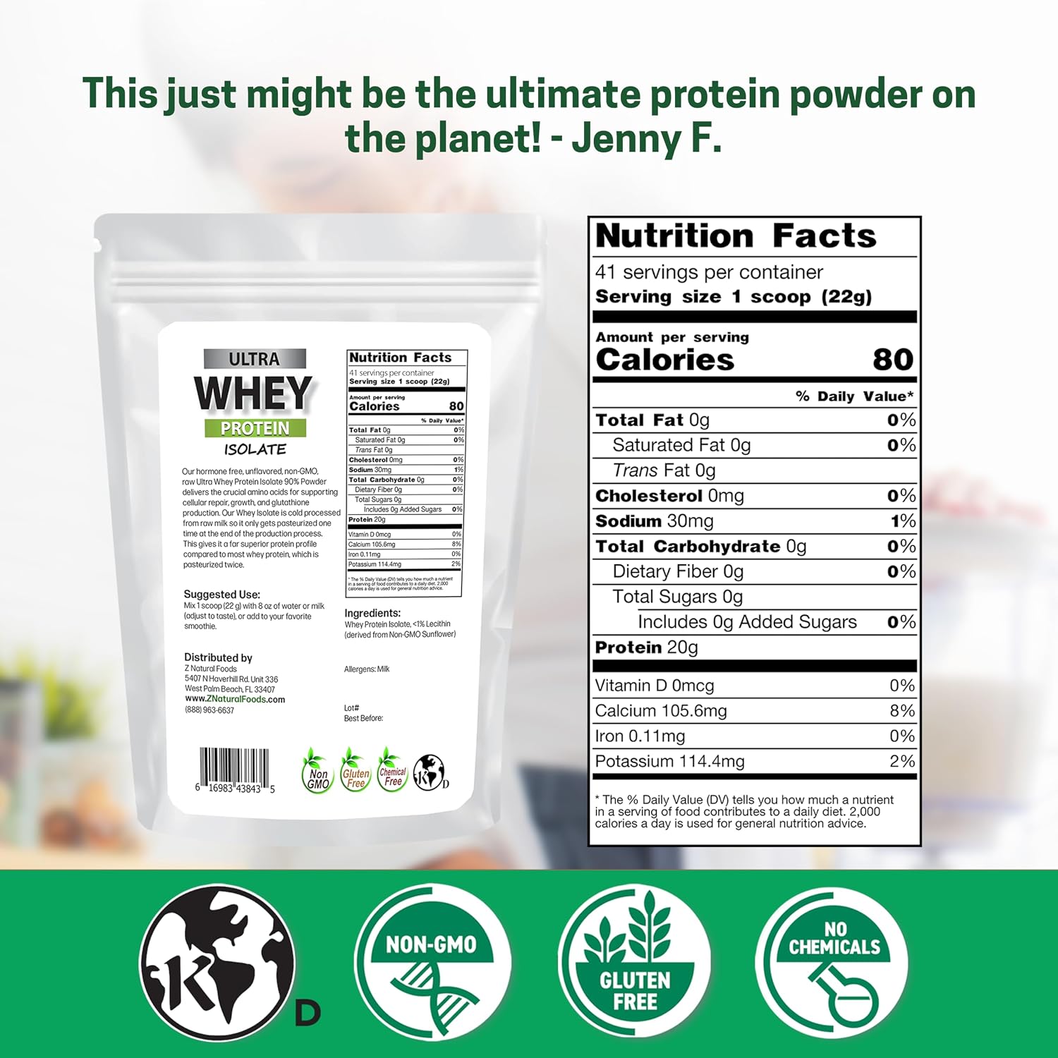 Z Natural Foods Ultra Whey Protein Isolate - Unflavored & Unsweetened, 1 lb | Unflavored, Unsweetened Whey Protein Powder, Whey Isolate with Vital Proteins for Fitness, Sports Nutrition, Immune Support