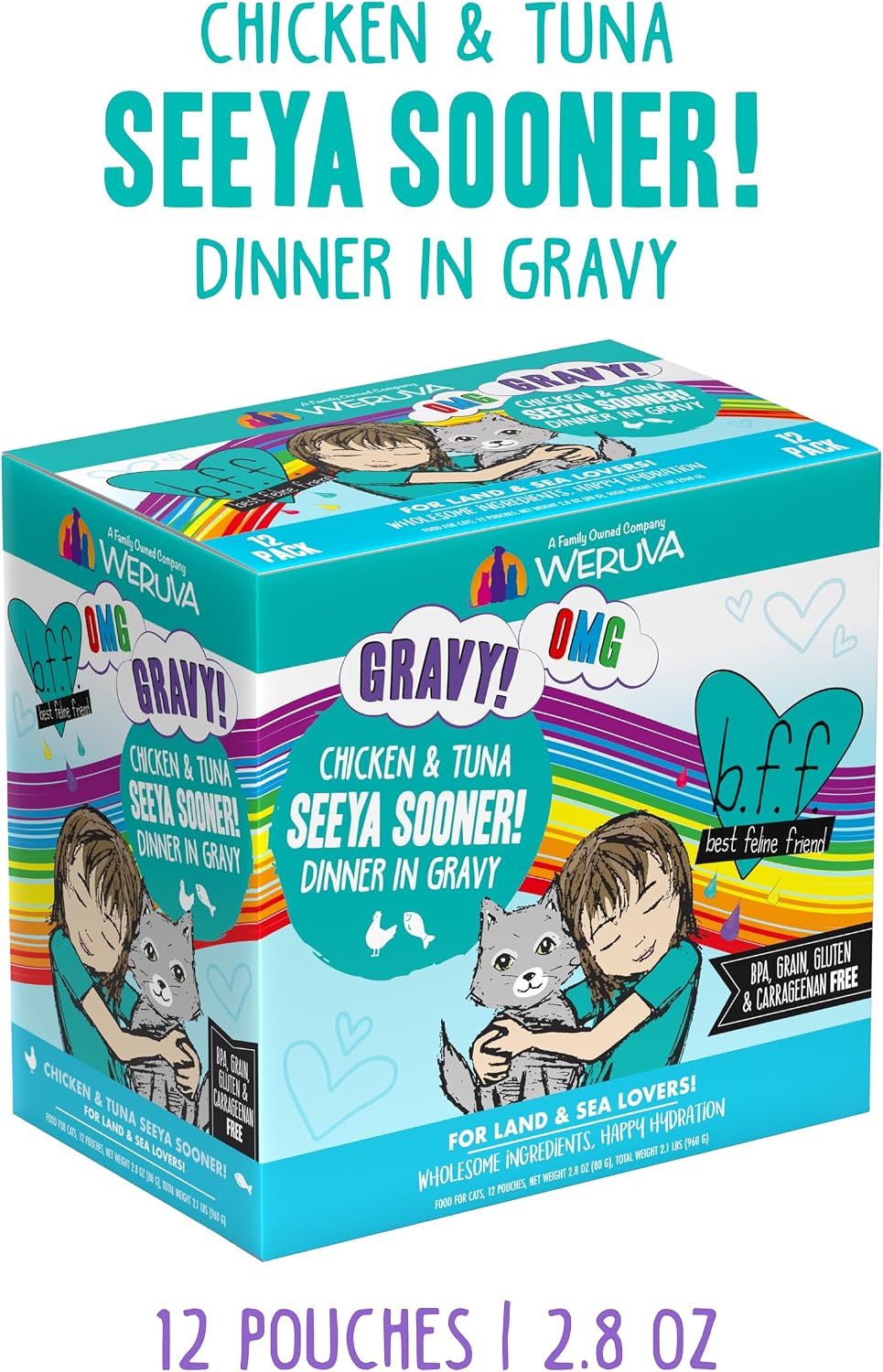Weruva B.F.F. OMG - Best Feline Friend Oh My Gravy!, Tuna & Salmon Sweet Cheeks with Tuna & Salmon in Gravy Cat Food, 3oz Pouch (Pack of 12)
