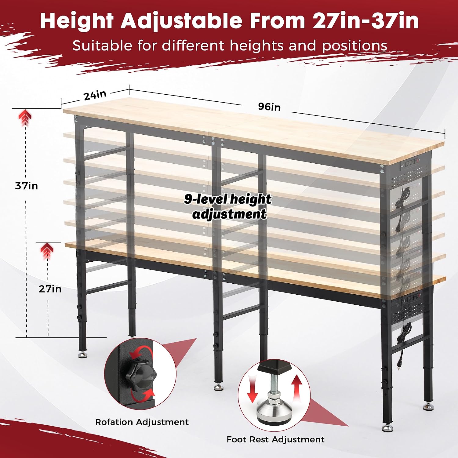 48" Adjustable Rubberwood Workbench with Foldable Extension Board & Power Outlet, Extra Large 48x32In 9-Level Height 27"-37", 2000 LBS Heavy Duty for Workshop Garage Office Home