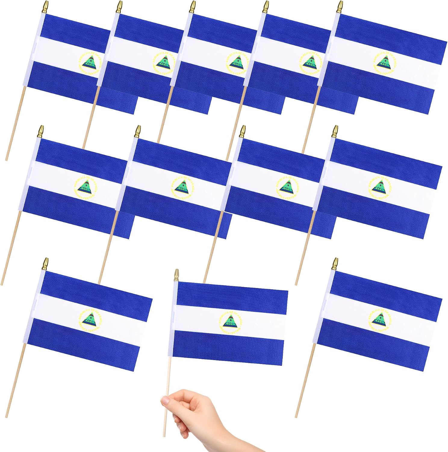 12 Pack Nicaragua Miniature Small Wooden Stick Flags Nicaraguans Mini Handheld Flag Patio Lawn & Garden Outdoor Decorations,8x5 Inch
