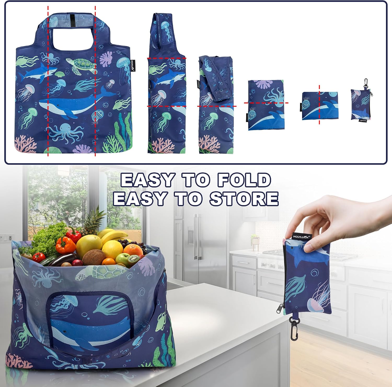 HOLYLUCK Reusable Grocery Bags,Heavy Duty Foldable Shopping Tote Bag (Standard, 3 Blue Geometric Flowers)