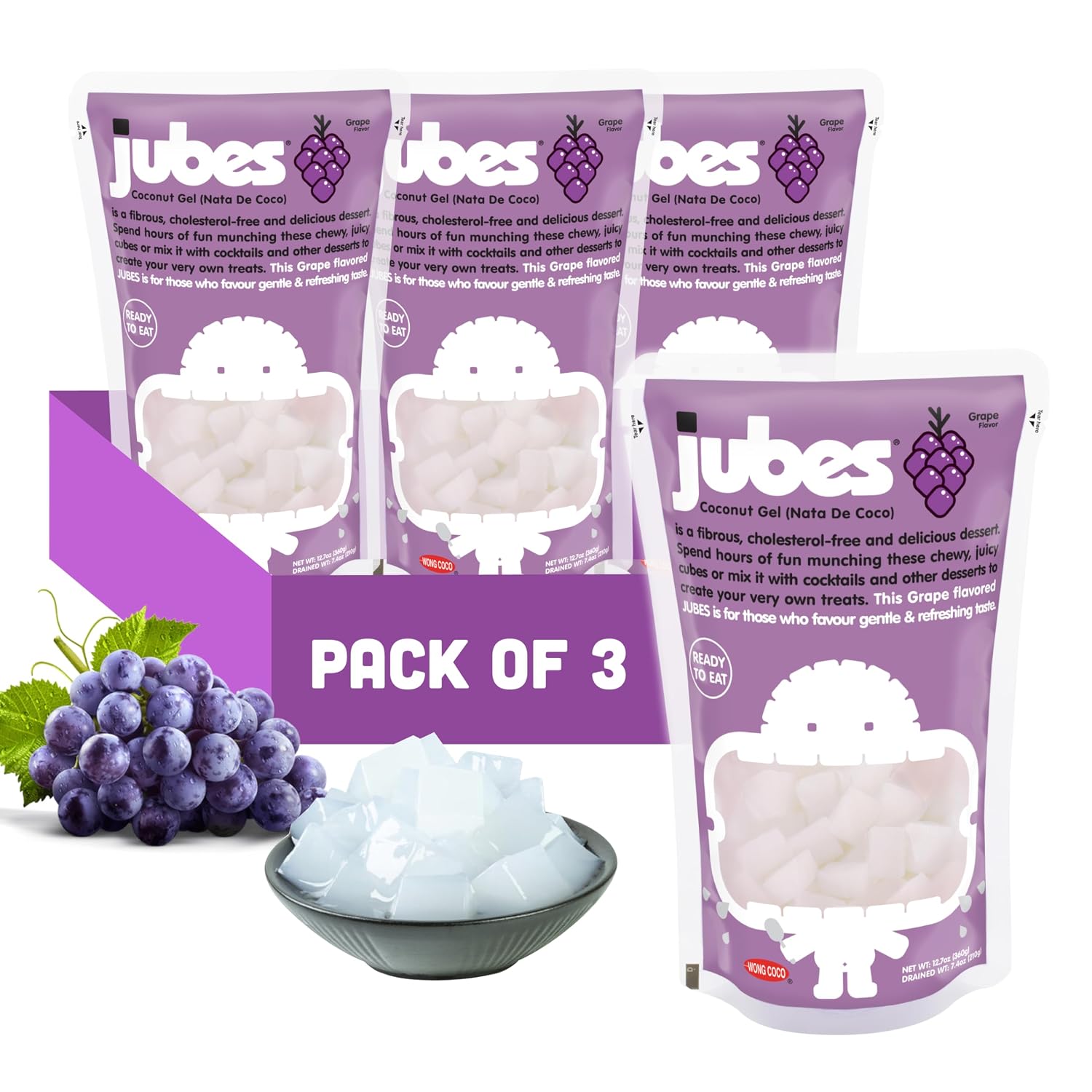 Jubes Pandan Nata De Coco Jelly Cubes (12.7 oz, Pack of 3) - Pandan Coconut Jelly Cubes for Sago - Coconut Gel in Syrup Toppings for Fruit Tea, Boba, Bubble Tea, Drinks, Desserts Yogurt, Ice Cream, Beverage