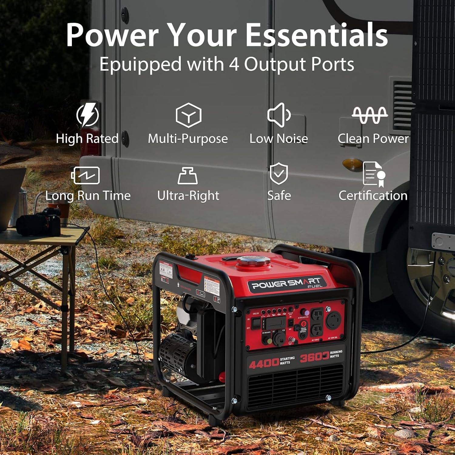 PowerSmart 4400-Watt Open Frame Inverter Generator, Gas Powered, CO-Sensor, Lightweight & Quiet for Home Use and Emergency Backup, Camping, EPA Compliant