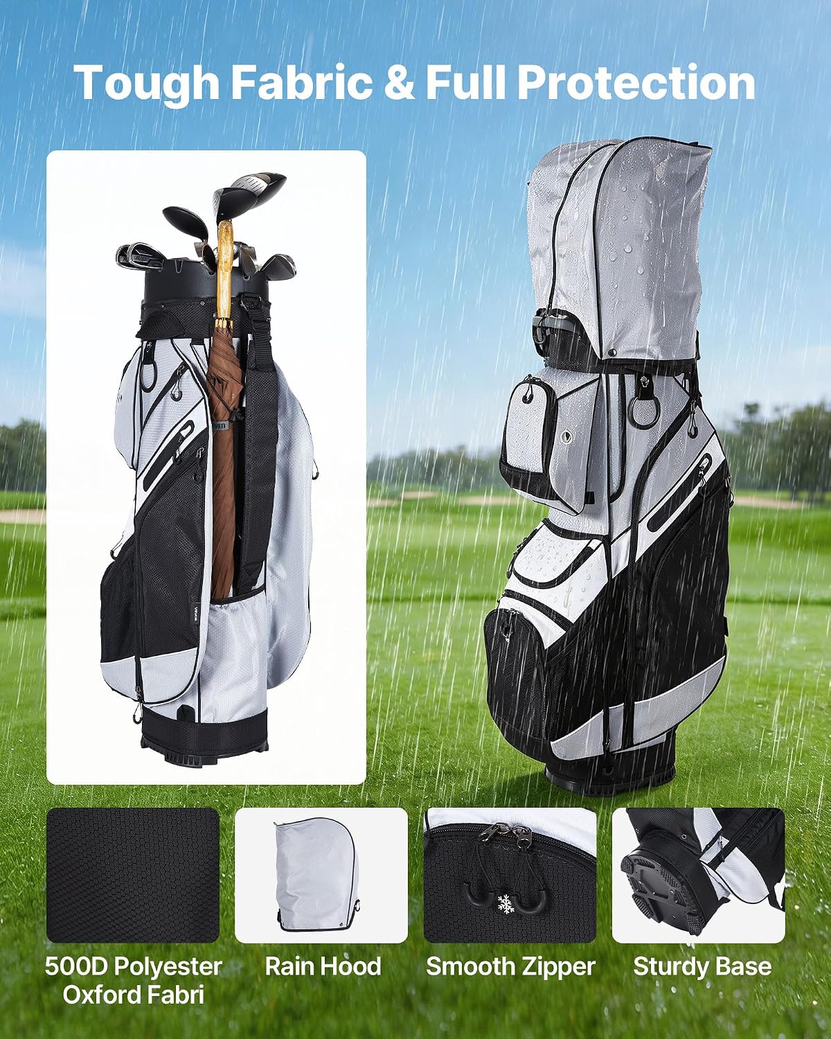 VEVOR Golf Cart Bag, 14 Way Molded Lock Top Divider Organizer, Golf Club Bag with Full-Length Divider, Handles, Storage Pockets, Shoulder Strap, Rain Hood, Smooth Zippers for Men & Women