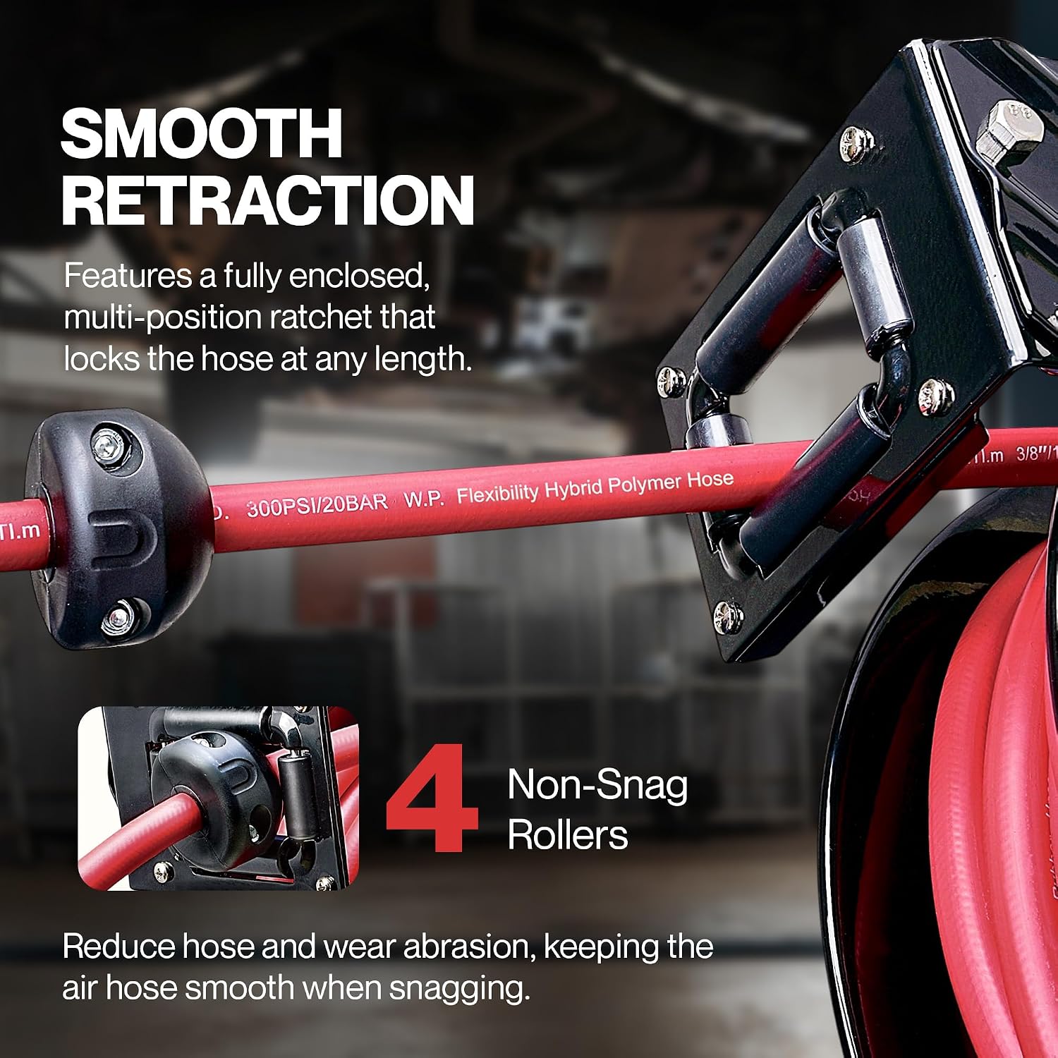 ReelWorks Retractable Air Hose Reel, 3/8" x 50 ft, 300 PSI, Hybrid | Keeps its hybrid hose flexible from -40°F to 176°F for year-round shop use