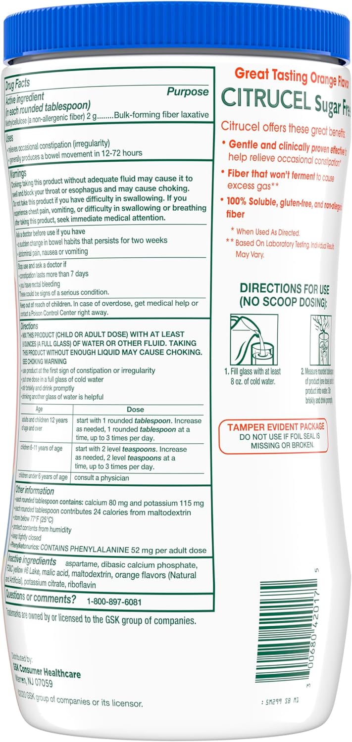Citrucel Powder Fiber Therapy for Occasional Constipation Relief, 16.9 oz | Sugar Free, Methylcellulose Fiber Therapy for Irregularity That Won't Cause Gas, Orange Flavor
