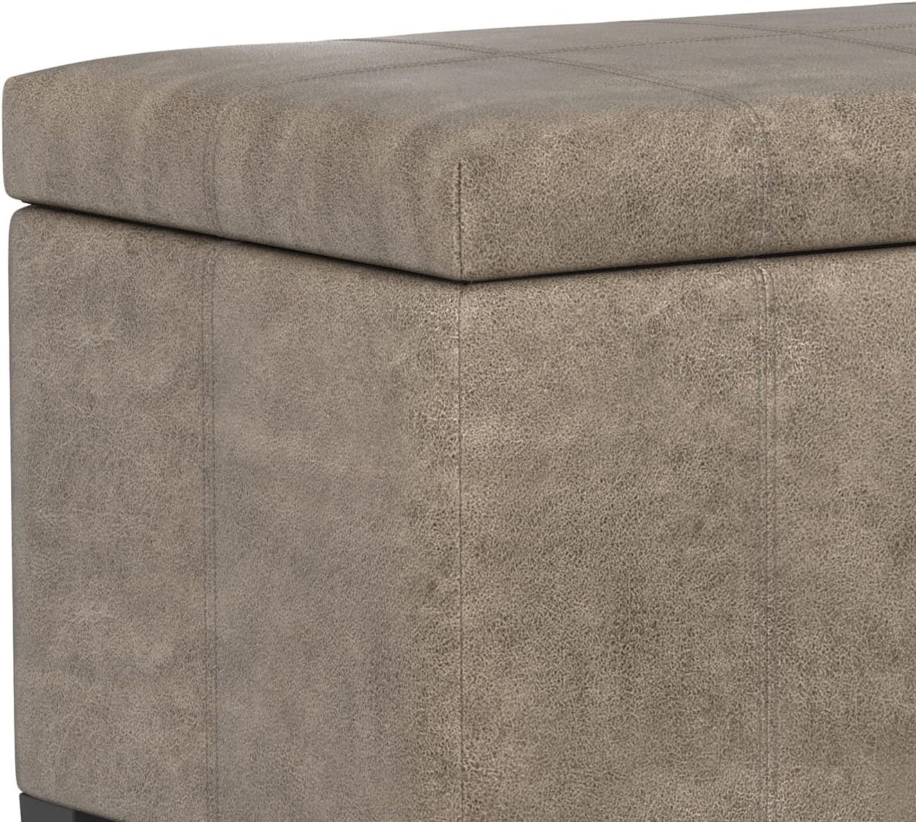 SIMPLIHOME Dover 36" Wide Vegan Leather Storage Ottoman in Midnight Black | Distressed umber brown, contemporary ottoman with lift-top and safety hinges; rectangle storage bench for living room.