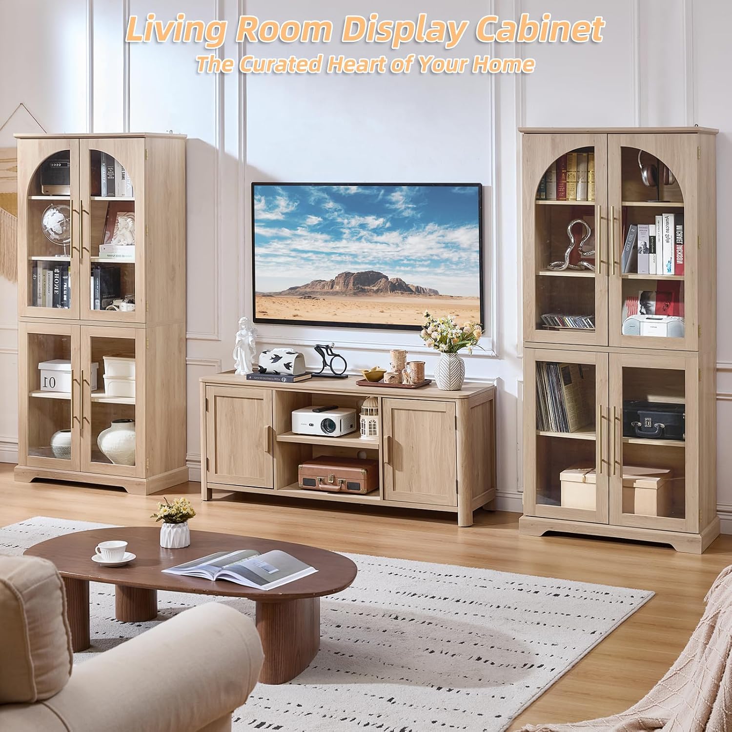 Joaxswe 72" Tall Bookshelf with 4 Curved Glass Doors, Farmhouse Bookcase with 3-Tier Adjustable Shelves, Modern Living Room Display Cabinet, Large Storage Cabinet for Home Office,Dining Room, Natural