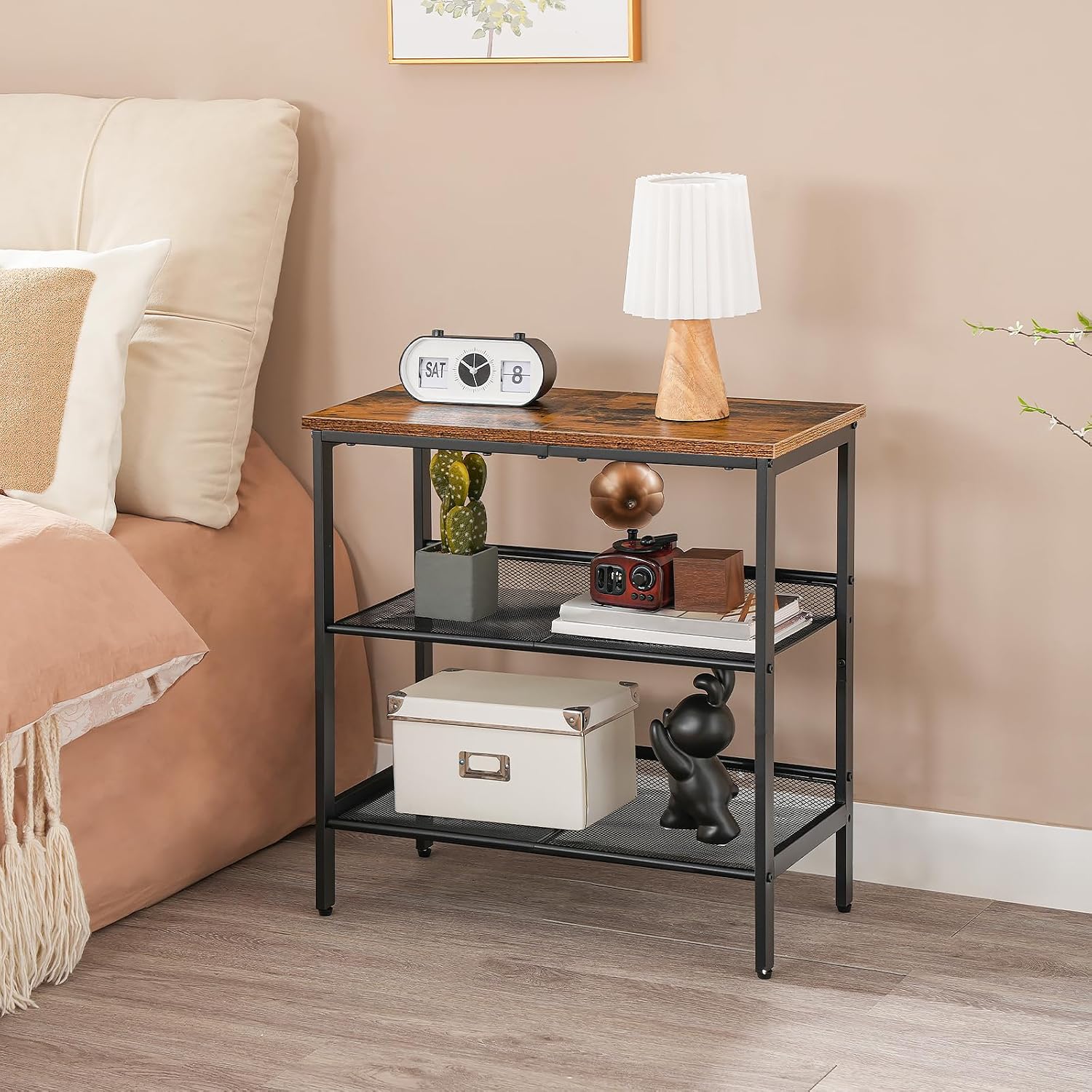 HOOBRO End Table, 3-Tier Narrow Side Table, Nightstand with 2 Flat or Slant Adjustable Shelves for Small Spaces, Hallway, Living Room, Bedroom, Sturdy