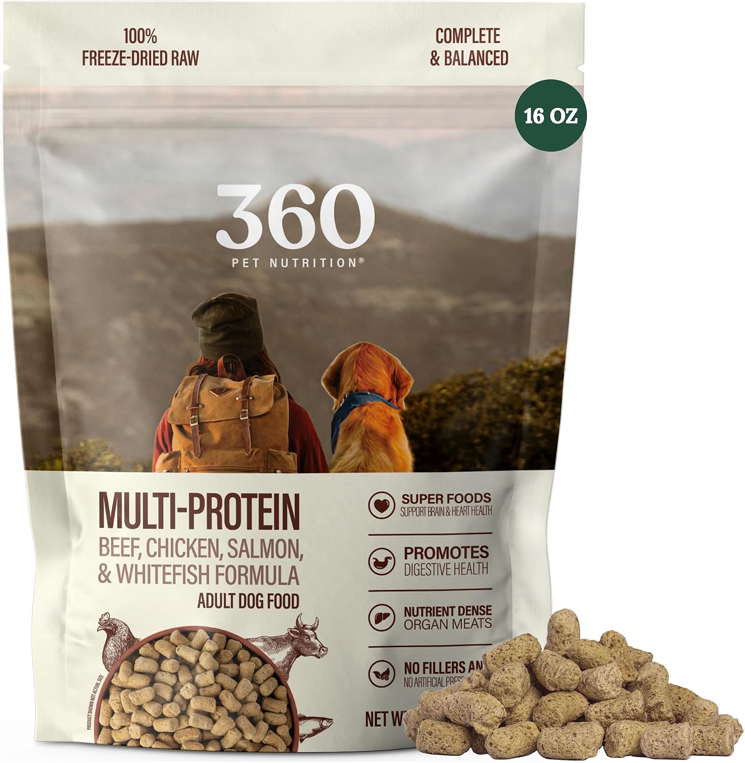 360 Pet Nutrition Freeze-Dried Raw Dog Food – Multi-Protein with Beef, Chicken, Fish, Liver & Organs