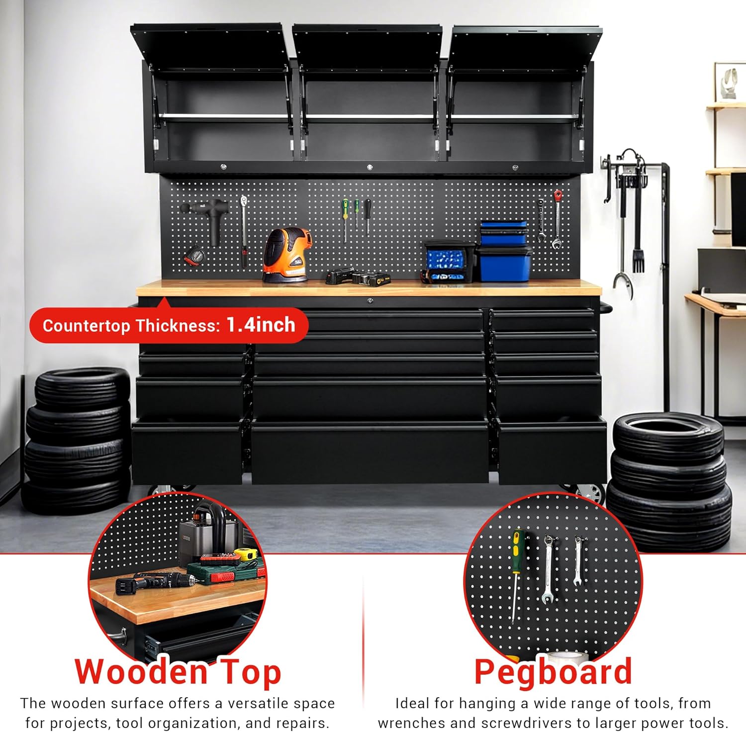 72-inch Tool Chest Cabinet Rolling Garage Workbench with 15 Storage Drawers and Wheels, 3 Upper Cabinet, Pegboard, Steel Large Tool Box,Matte Black