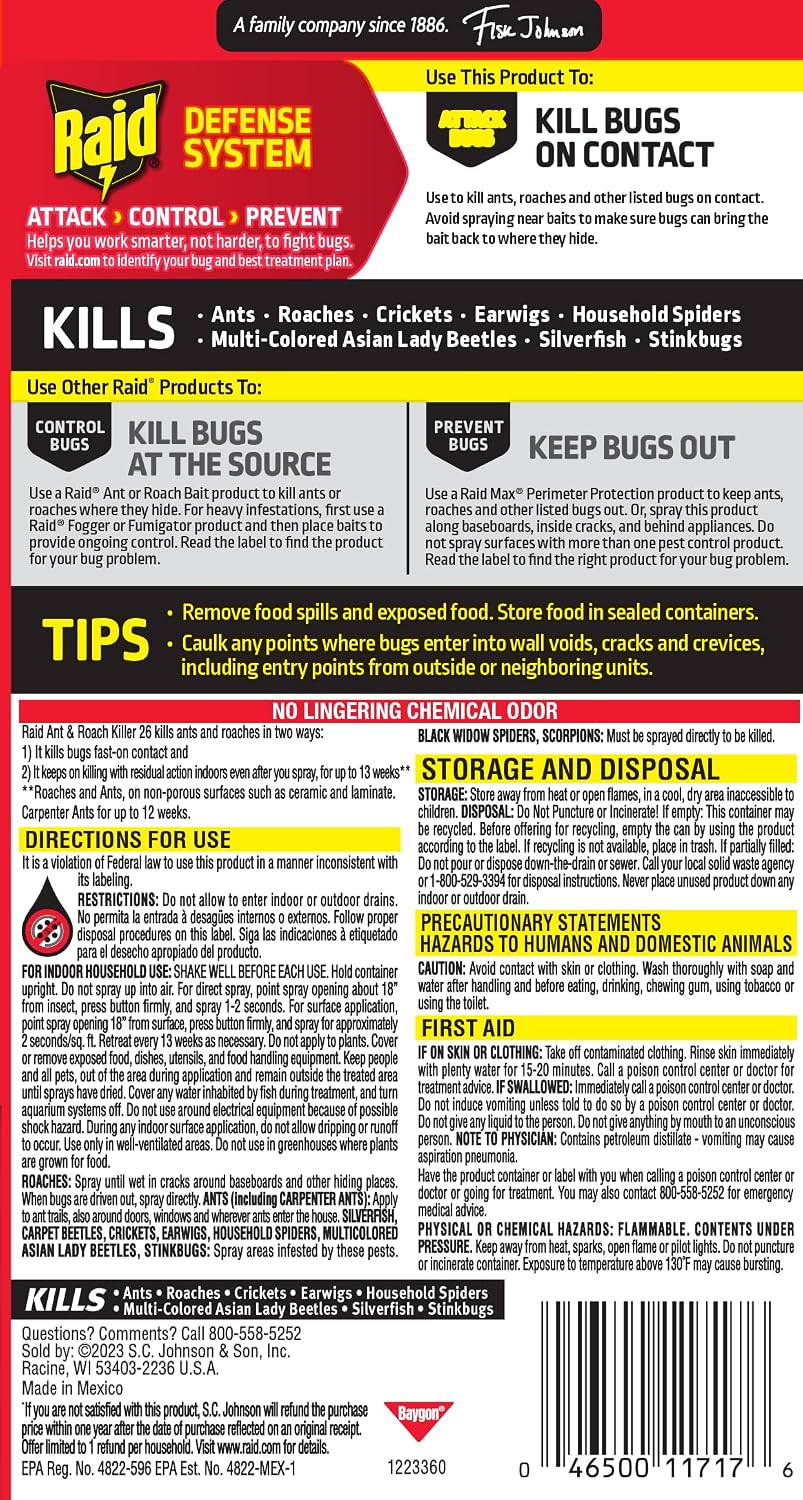 Raid Ant & Roach Killer, Fragrance Free Bug Killer for Home Use, Kills Bugs on Contact, 17.5oz