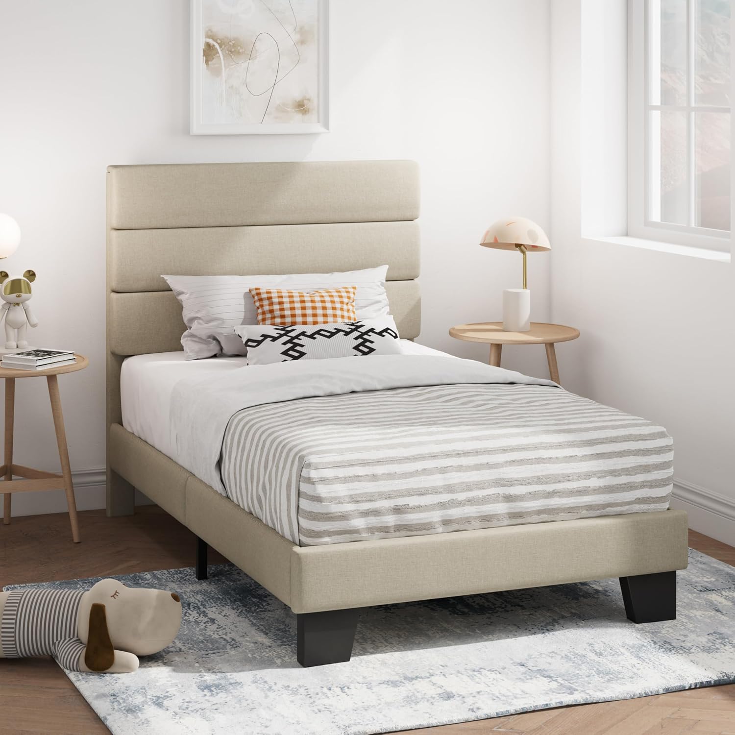 SHA CERLIN Full Platform Bed Frame with Upholstered Fabric Headboard, Grey