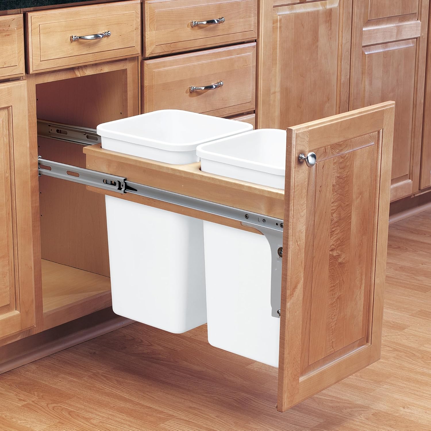 Rev-A-Shelf 35 Qt Top Mount Double Pullout Under Cabinet Kitchen Trash Cans for Base Cabinets, 150 Pound Rated Full-Extension Slides, Min Opening Width of 14.75", White, 4WCTM-18DM2-162