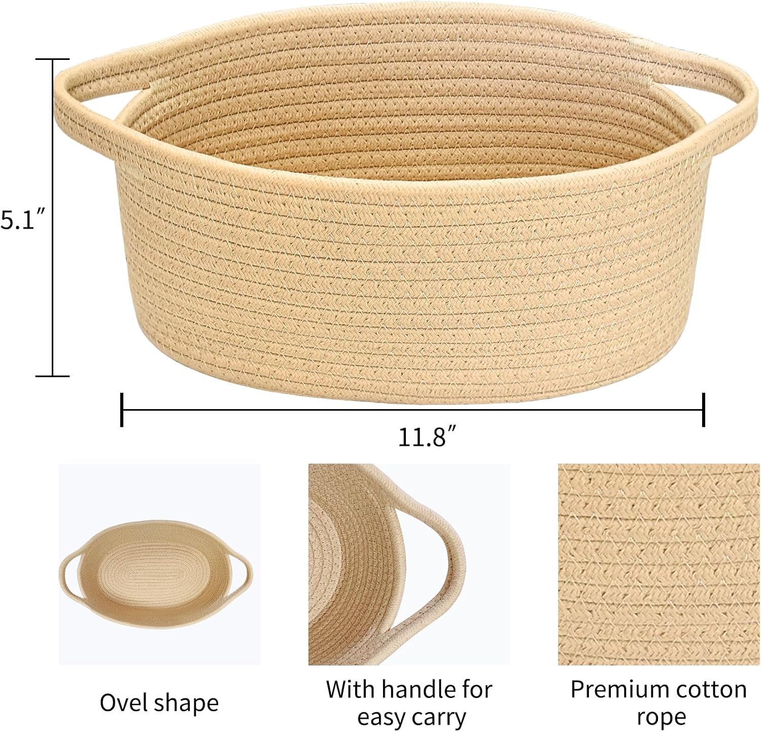 ABenkle Small Basket with Handles, Boho Decorative Rope Woven Dog Cat Toy Storage Bin Shelf Storage Organizer, Easter Christmas Gift Basket, 12"x8"x5"
