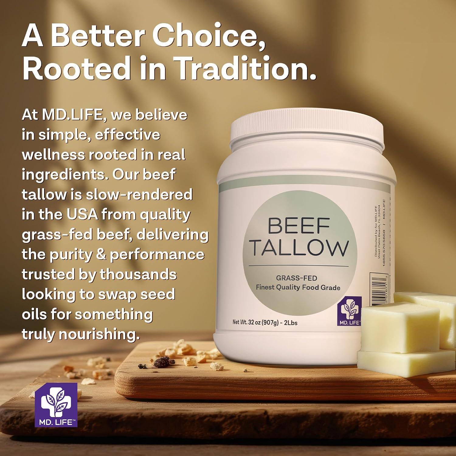 MD. Life Beef Tallow for Cooking - Food Grade Grass Fed Beef Tallow for Cooking Oil Replacement - 28 Ounce - Pasture Raised Keto Friendly Beef Tallow- Used to Make Candles & Soap
