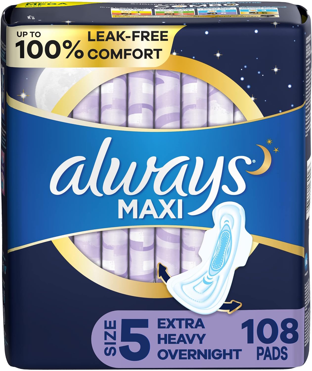 Always Maxi Overnight Pads with Wings for Women, Size 5, Extra Heavy Overnight Absorbency, Unscented, 36 Count