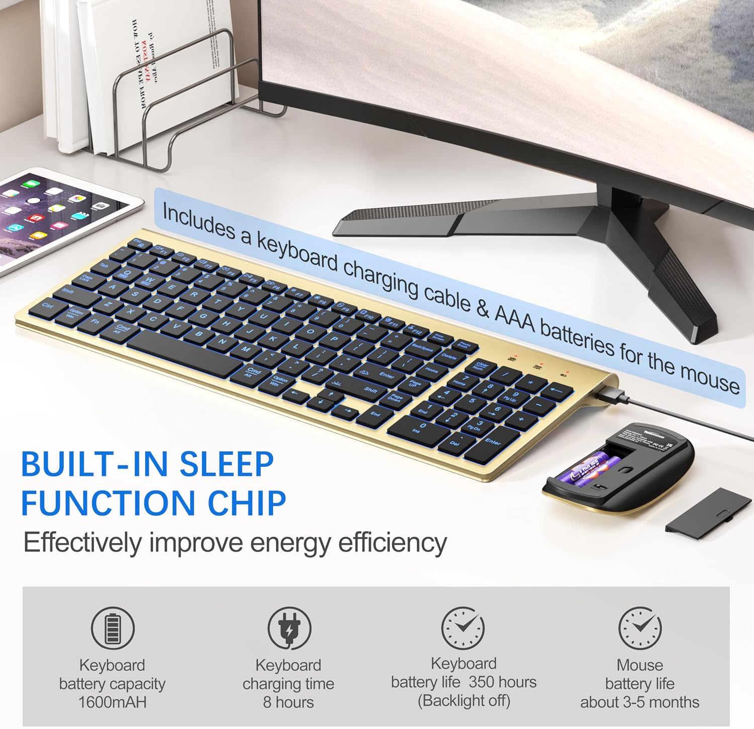 Wireless Keyboard and Mouse Ultra Slim Combo, TopMate - White | 2.4G Silent Compact 2400DPI Mouse and Scissor Switch Keyboard Set with Cover, Batteries Included, for PC/Laptop/Windows/Mac