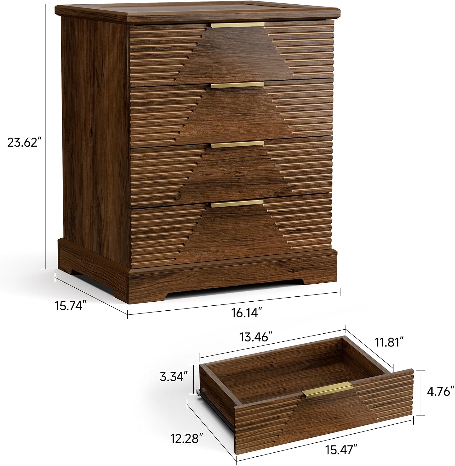 Gyfimoie Tall Nightstand with 4 Drawers Walnut Fluted Bedside Table | Stylish Fluted Design, Rich Walnut Finish, Gold Bar Pulls