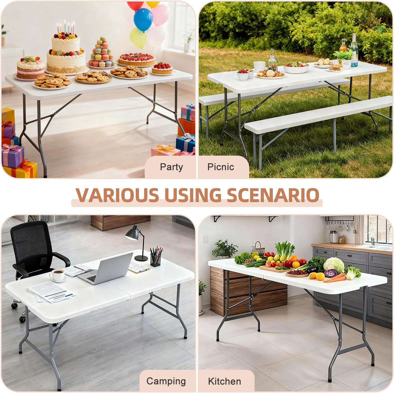 ZenStyle 6 ft Indoor Outdoor Heavy Duty Plastic Folding Table Portable Picnic Table Fold-in-Half Utility Table w/Handle and Steel Legs for Camping