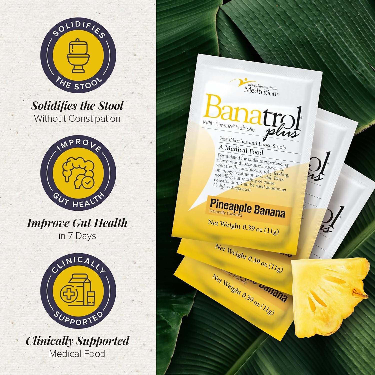 Medtrition Banatrol® Natural Anti-Diarrheal with Prebiotics, Relief from Chronic Diarrhea, IBS, Recurring Diarrhea, Clinically Supported Medical Food, Non-Constipating, 75 Servings (Pineapple)