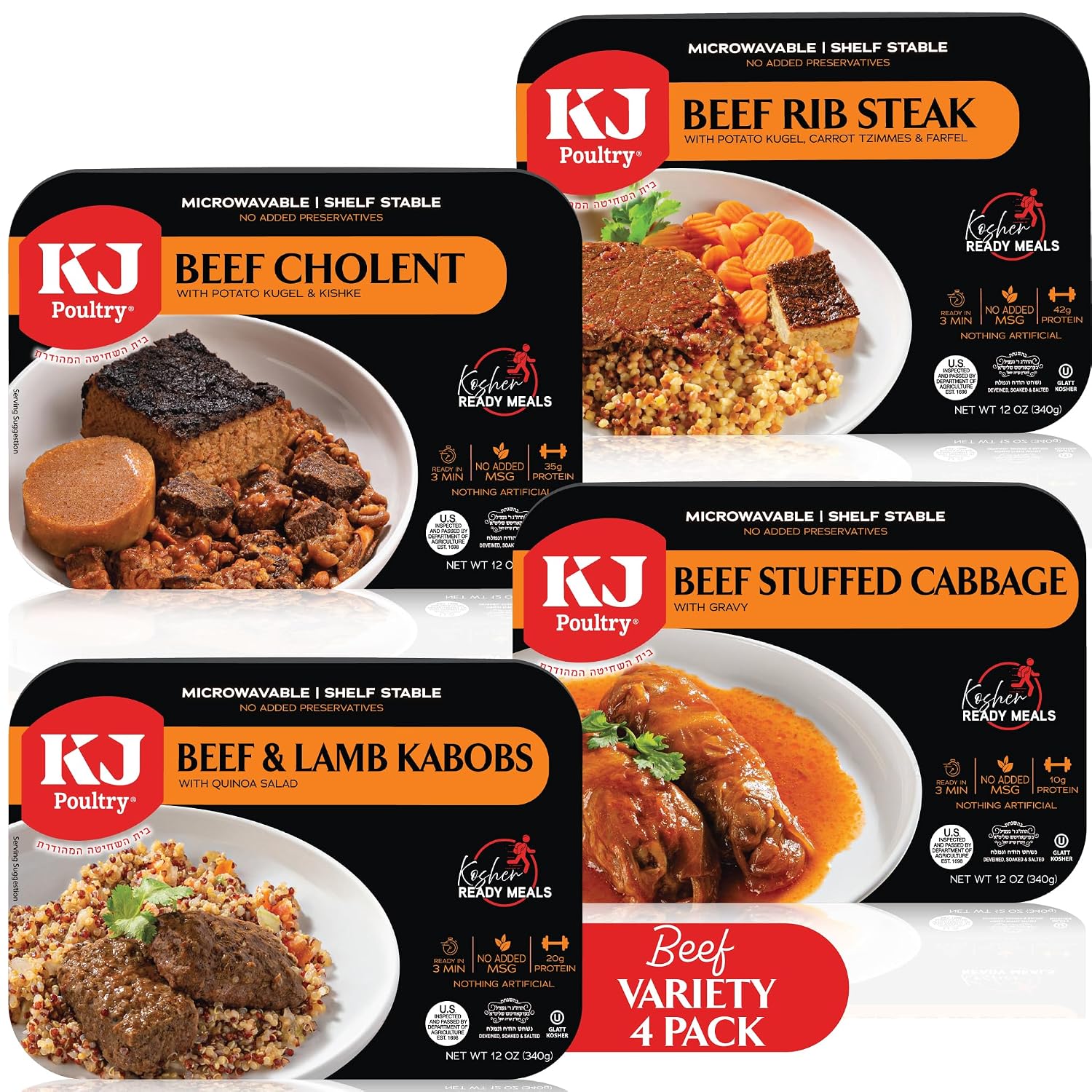 KJ Poultry Kosher Ready Meals - Beef Variety (4 Pack) Prepared Entree Fully Cooked, Shelf Stable Microwave Dinner Travel, Military, Camping