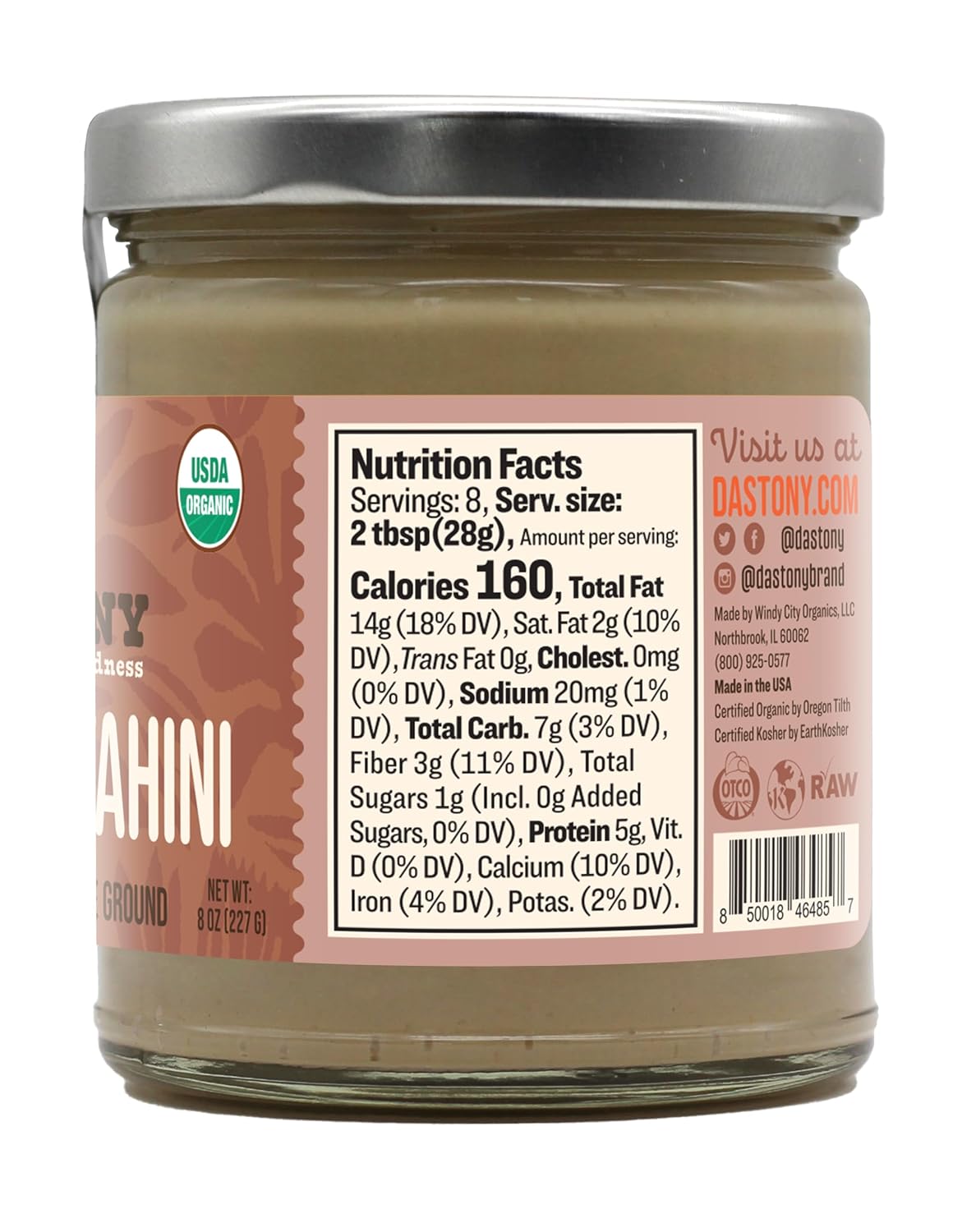 Dastony Organic Raw Sesame Tahini Seed Butter, 8 oz | Only One Ingredient | Vegan, Paleo and Keto Friendly, Non GMO, Gluten-free - Pack of 1