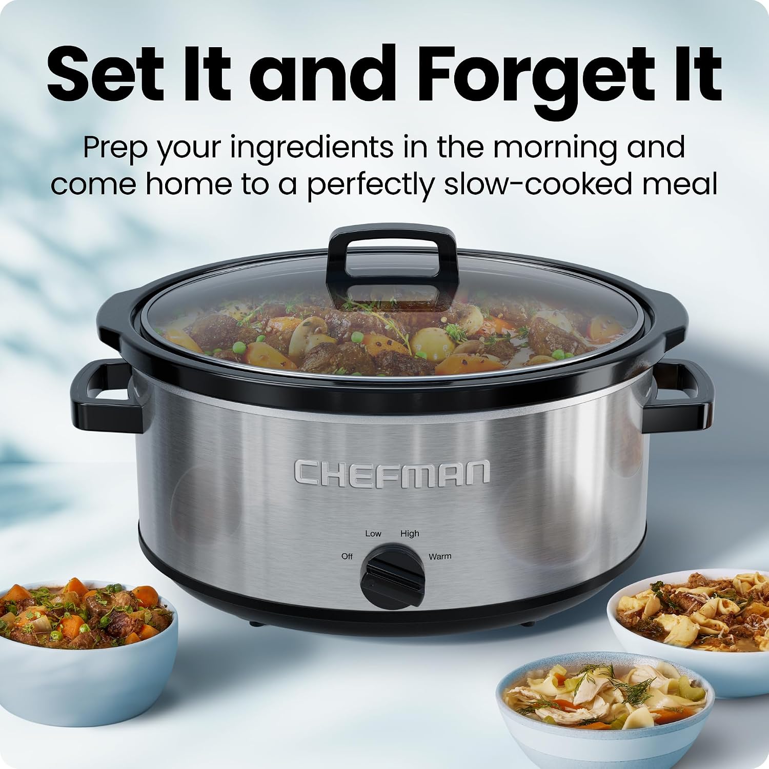 Chefman Triple Slow Cooker & Food Warmer, Three Crock Slowcooker with 2.5 Qt. Ceramic Crocks, 7.5-Quart Total Capacity, PFAS-Free, Three Temperature Settings, Dishwasher-Safe Parts – Stainless Steel