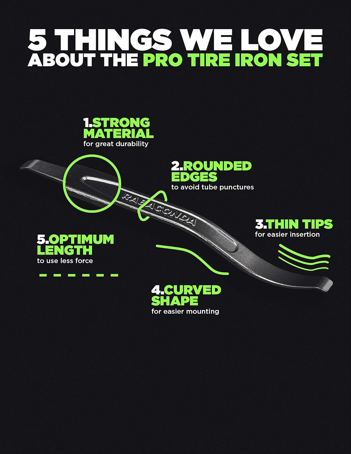 Rabaconda Motorcycle Pro Tire Iron Set - Premium Tire Changing Tools: 5 PCS Tire Spoons Tire Irons