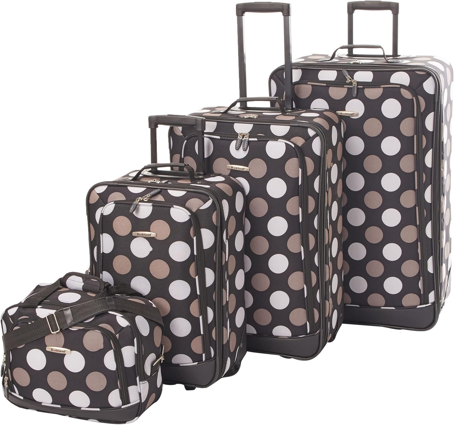 Rockland Fashion Softside Upright Luggage Set,Expandable, Telescopic Handle, Wheel, Black Dot, 2-Piece (14/19)