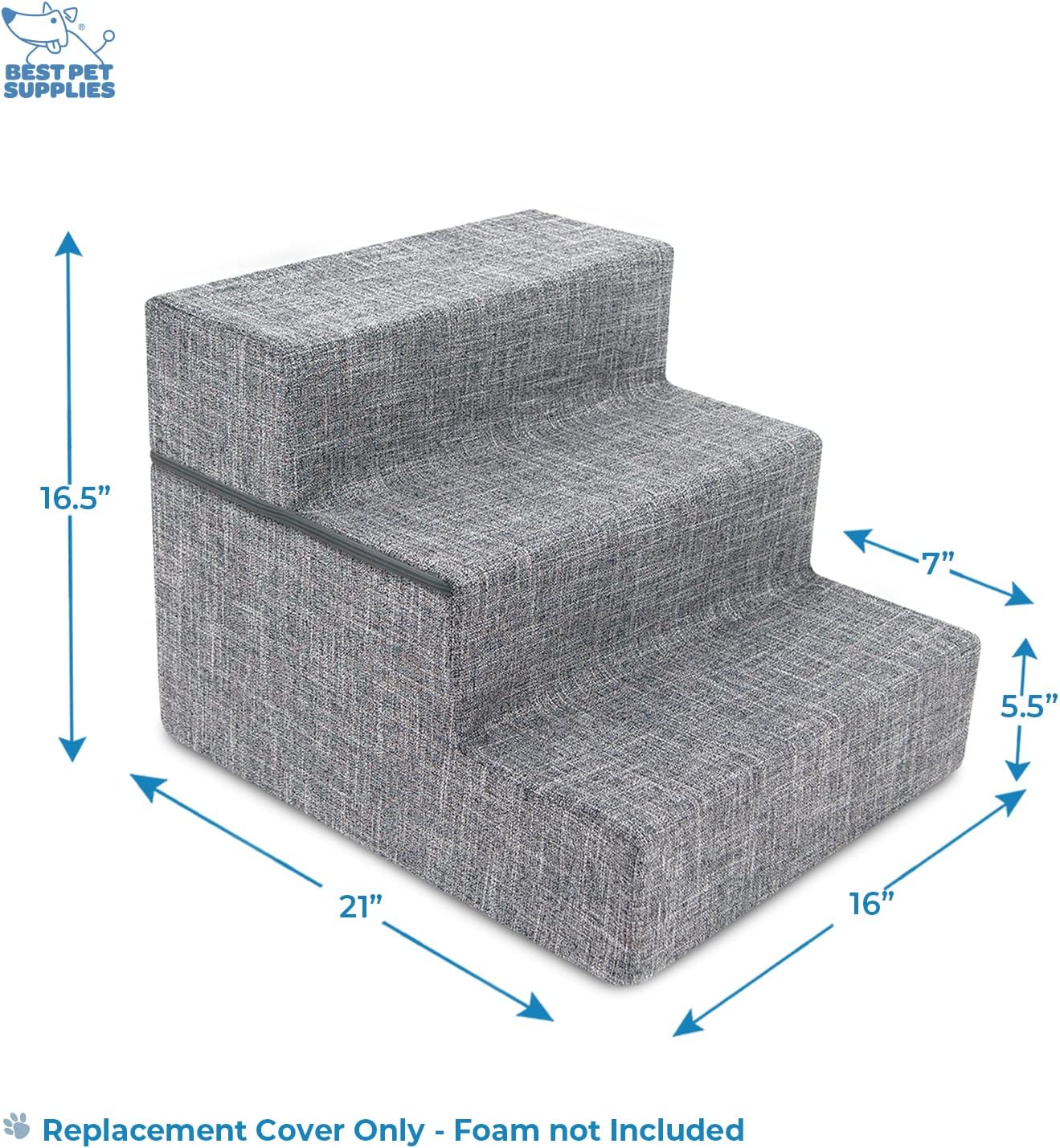 Best Pet Supplies Non-Slip Foam Dog Stair & Pet Ramp, Balanced Indoor Step Support - Foldable Stair, Ash Gray Linen,3-Step