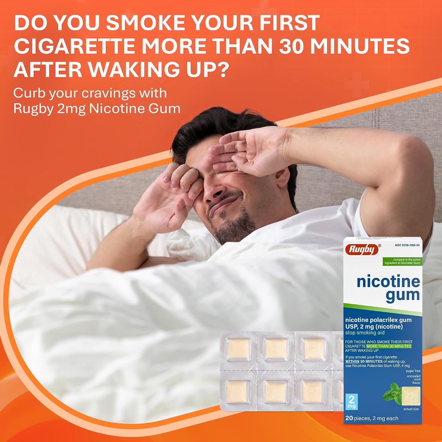 Rugby Polacrilex 2mg Nicotine Gum, Uncoated Mint Flavor, 20 Count (1-Pack) | Sugar-Free Stop Smoking Aid