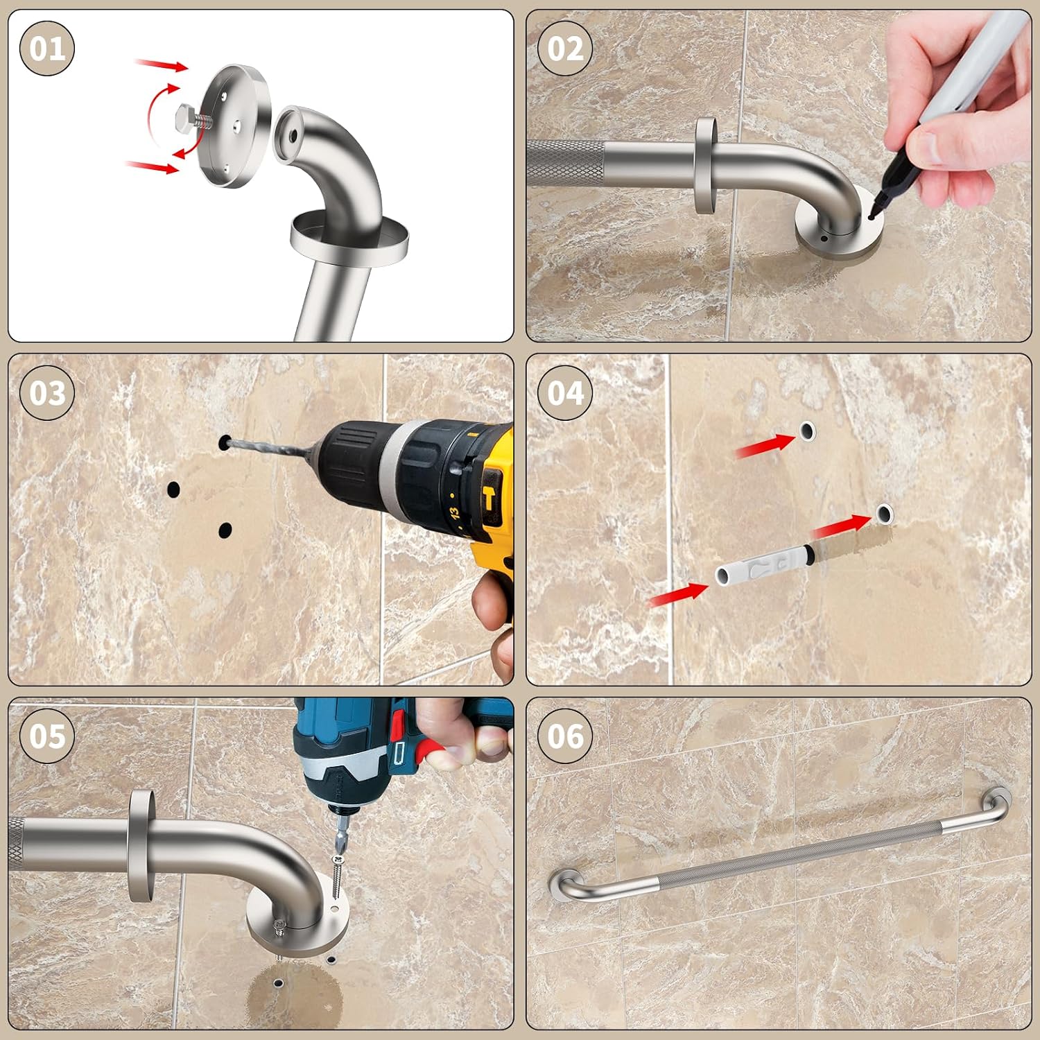 40 Inch Brushed Nickel Shower Grab Bar Anti-Slip Knurled Grip,Safety Handle | YuanDe 1.25" Diameter Stainless Steel Bathroom Grab Bars, Handicap Injury Elderly Senior Assist Support Shower Handle-2Packs