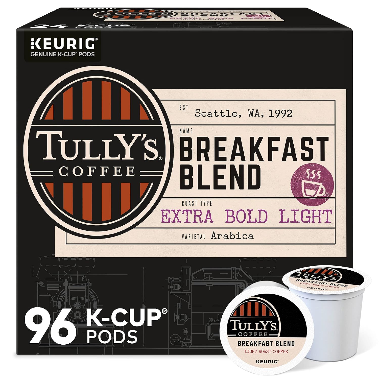 Tully's Coffee Hawaiian Blend Keurig Single-Serve K-Cup Pods, Medium Roast Coffee, 96 Count