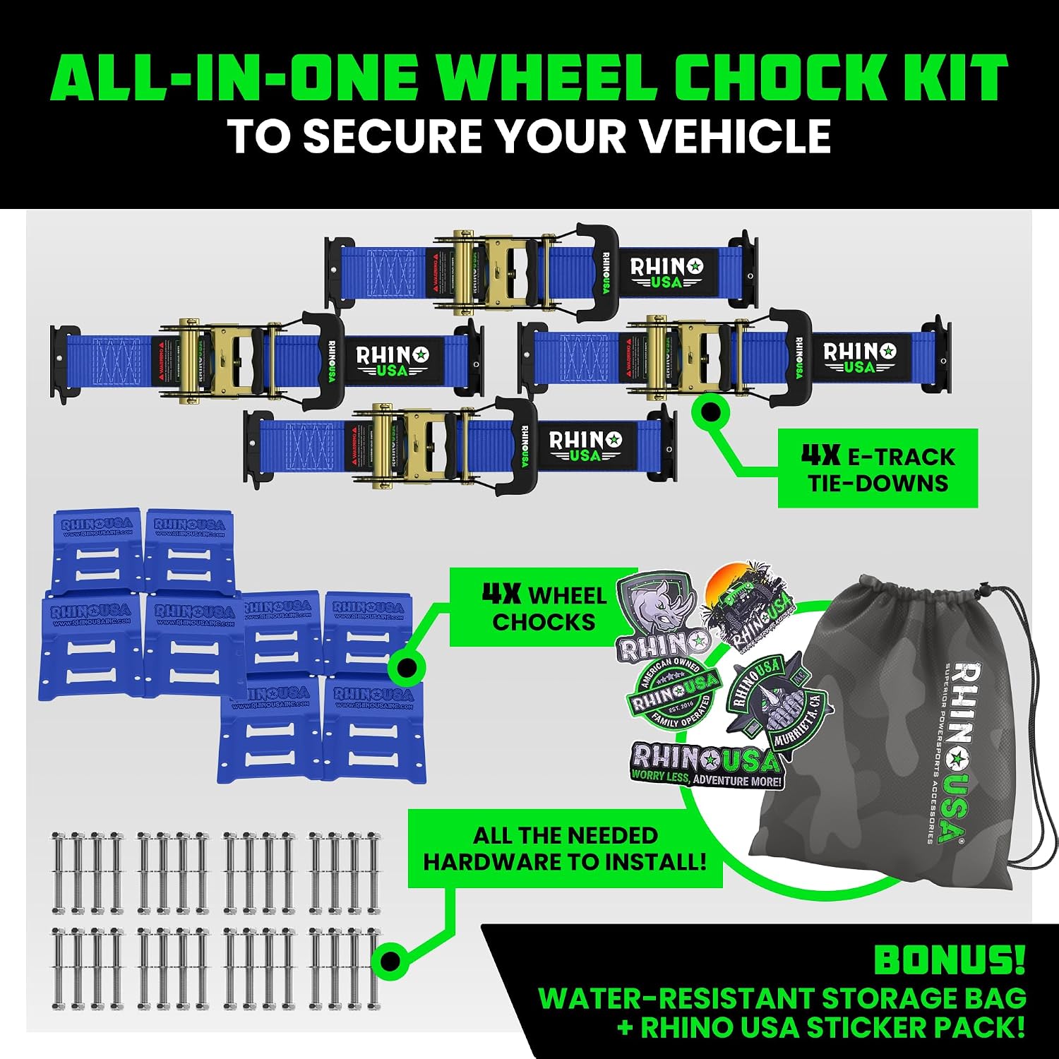 Rhino USA Wheel Chock Tie Down Kit (4,500lb) - 2 Straps & 4 Chocks