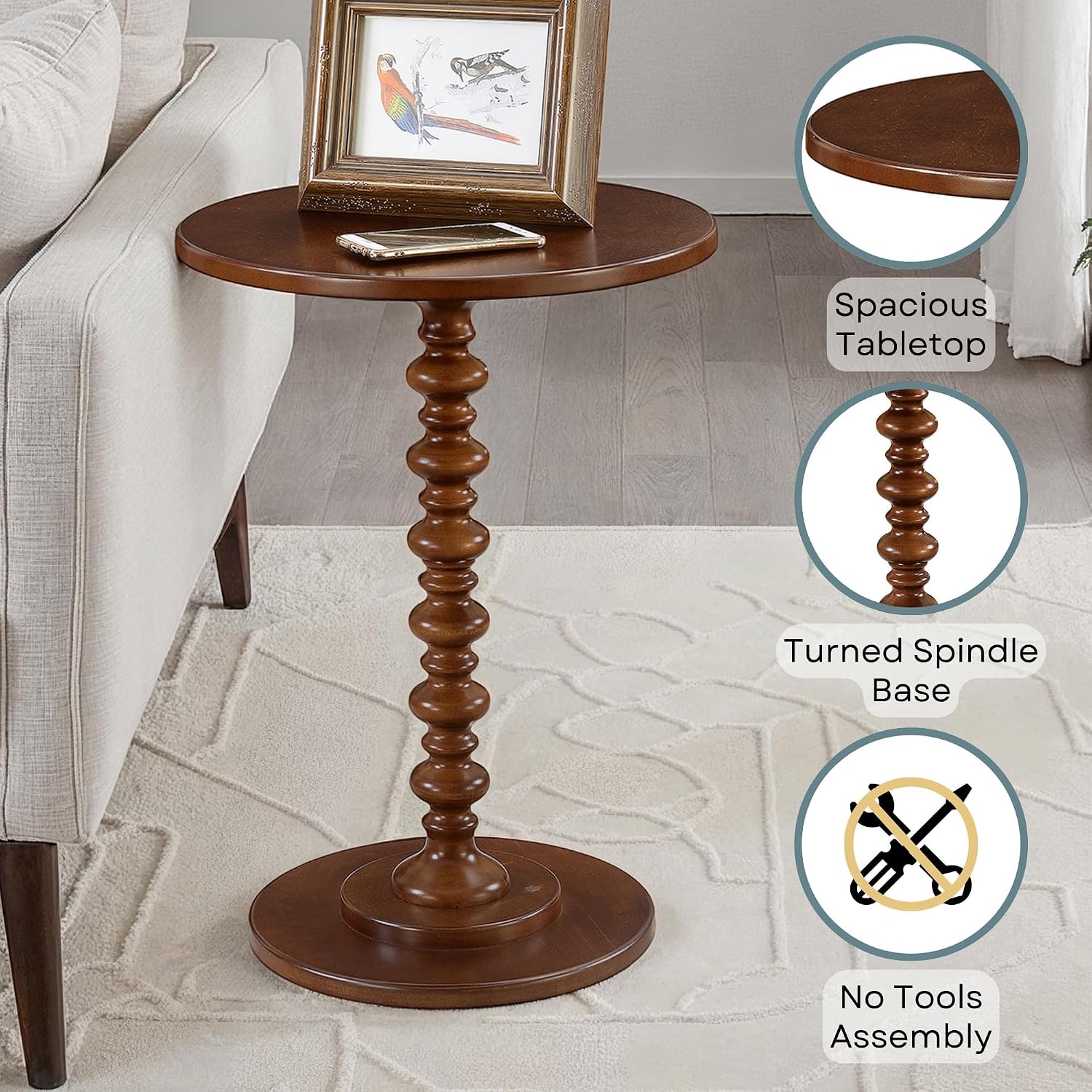 Convenience Concepts Palm Beach Spindle Table 17.75" - Traditional Round End Table for Living Room, Turned Solid Wood Side Table, Classic Display Pedestal Table, Espresso