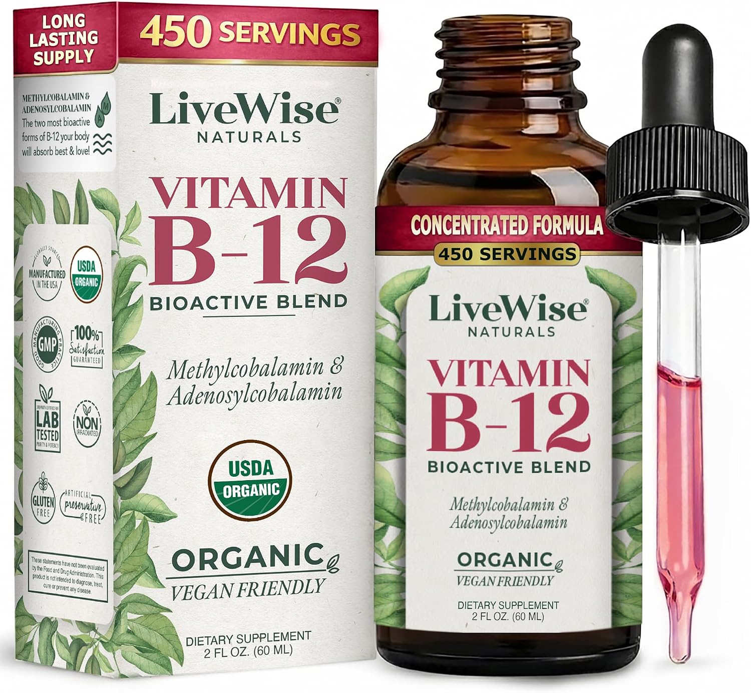 Organic Vitamin B12 1000 mcg Sublingual Liquid Drops, Unflavored, 2 oz | Methylcobalamin & Adenosylcobalamin, Bioactive Blend for Energy, Clarity & Focus, Vegan, Non-GMO, For Adults, 1 Year+ Supply