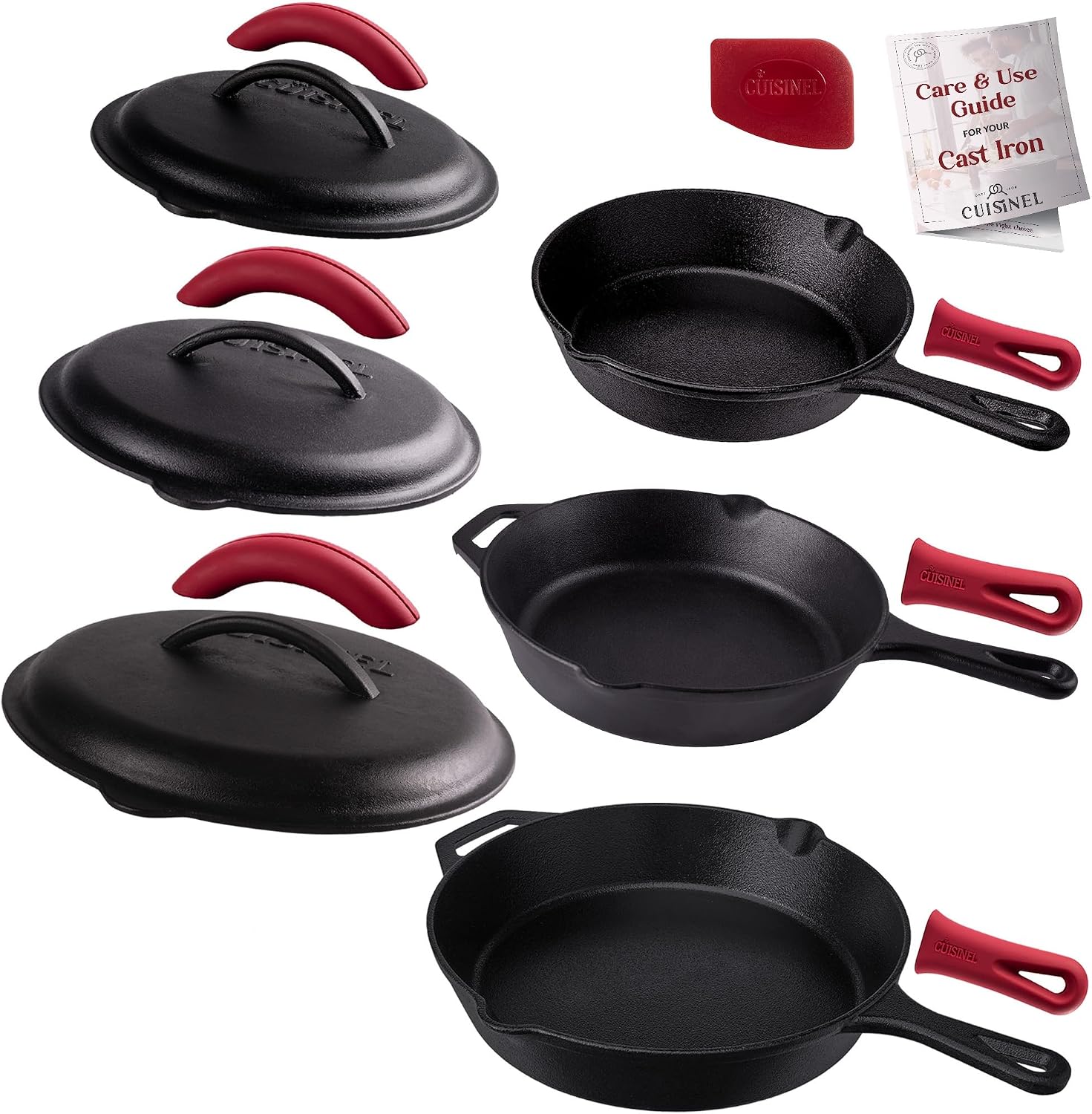 Cast Iron Skillet - 10"-Inch Frying Pan with Pour Spouts + Pan Scraper + Silicone Grip Handle Cover Holder - Pre-Seasoned Oven Cookware - Indoor/Outdoor Use - Stovetop, Induction. PFAS and PFOA-free