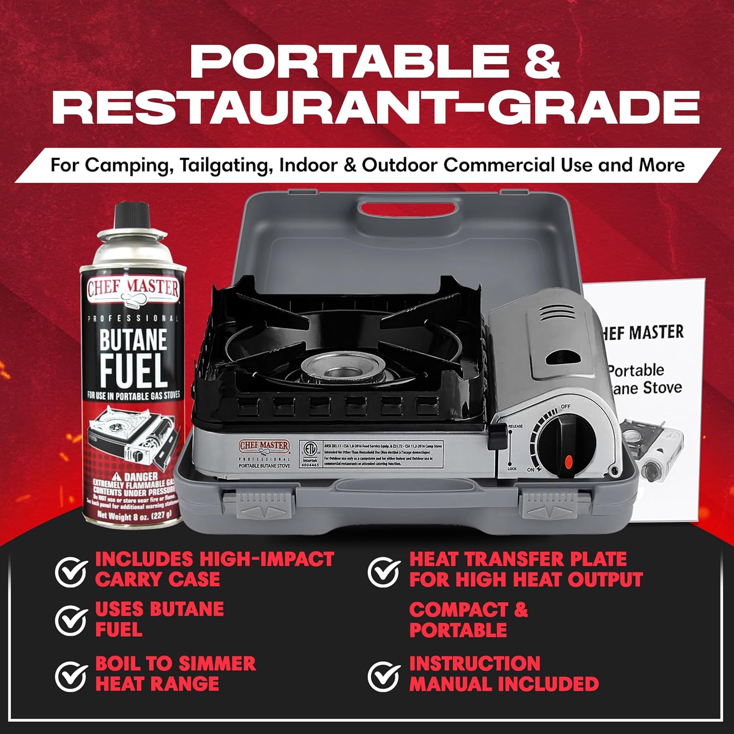 Chef Master 15,000 BTU Butane Portable Camp Stove | Double Wind-Guard Portable Stove Burner w/Piezo Click Ignition for Emergencies, Tailgating, Hiking, Backpacking & Camping Essentials - 90019