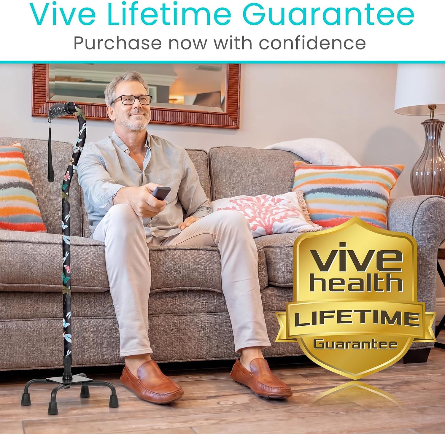 Vive Quad Cane - Walking Stick for Men and Women - Lightweight Adjustable Staff - Comfortable Right and Left Hand Grip for Stability Support - Four Prong Sturdy Aluminum Travel Aid - 4 Tip Blue | Senior 4 Prong Walking Stick for Stability & Balance- Righ…