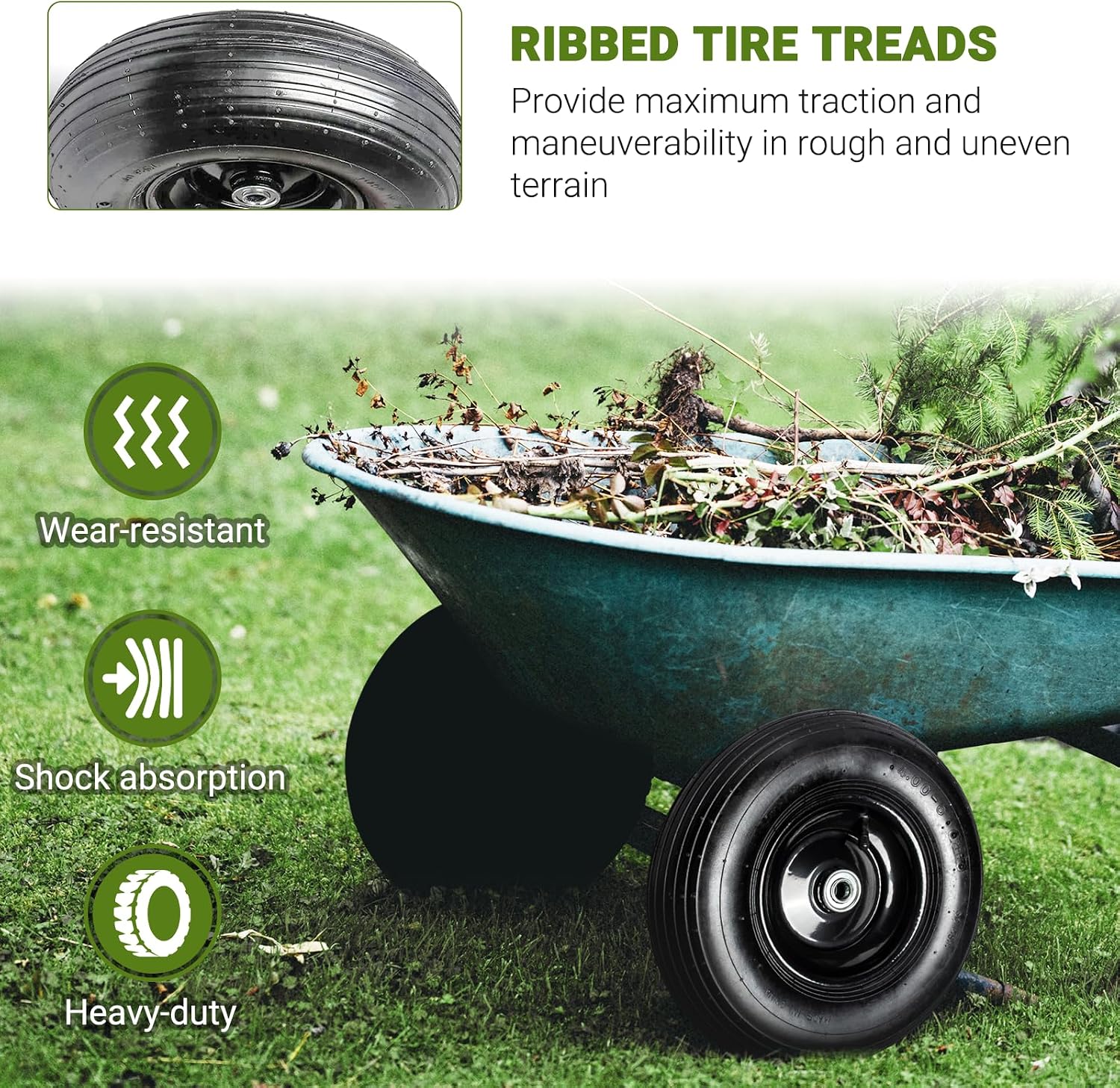 AR-PRO (2-PACK) 4.80/4.00-8" Tire and Wheel, 16" Pneumatic Tire Wheels with 3/4" Bearings and 3" Centered Hub for Wheelbarrow, Hand Truck