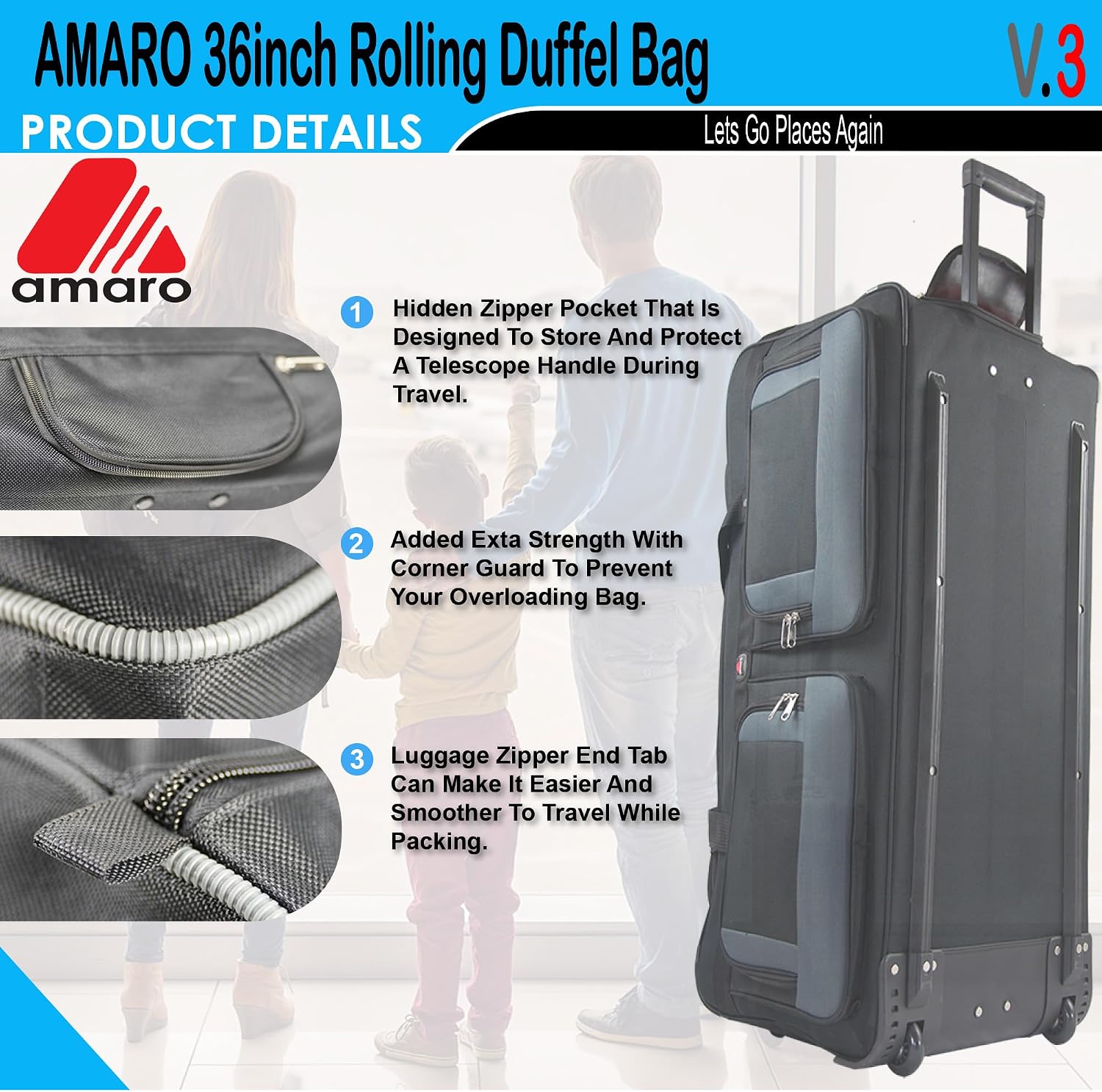 AMARO 36 Inch Rolling Duffle Bag with Wheels, Extra Large Heavy Duty Travel Duffel Luggage with Telescopic Handle, Multiple Pockets, Collapsible Storage, Black/Grey