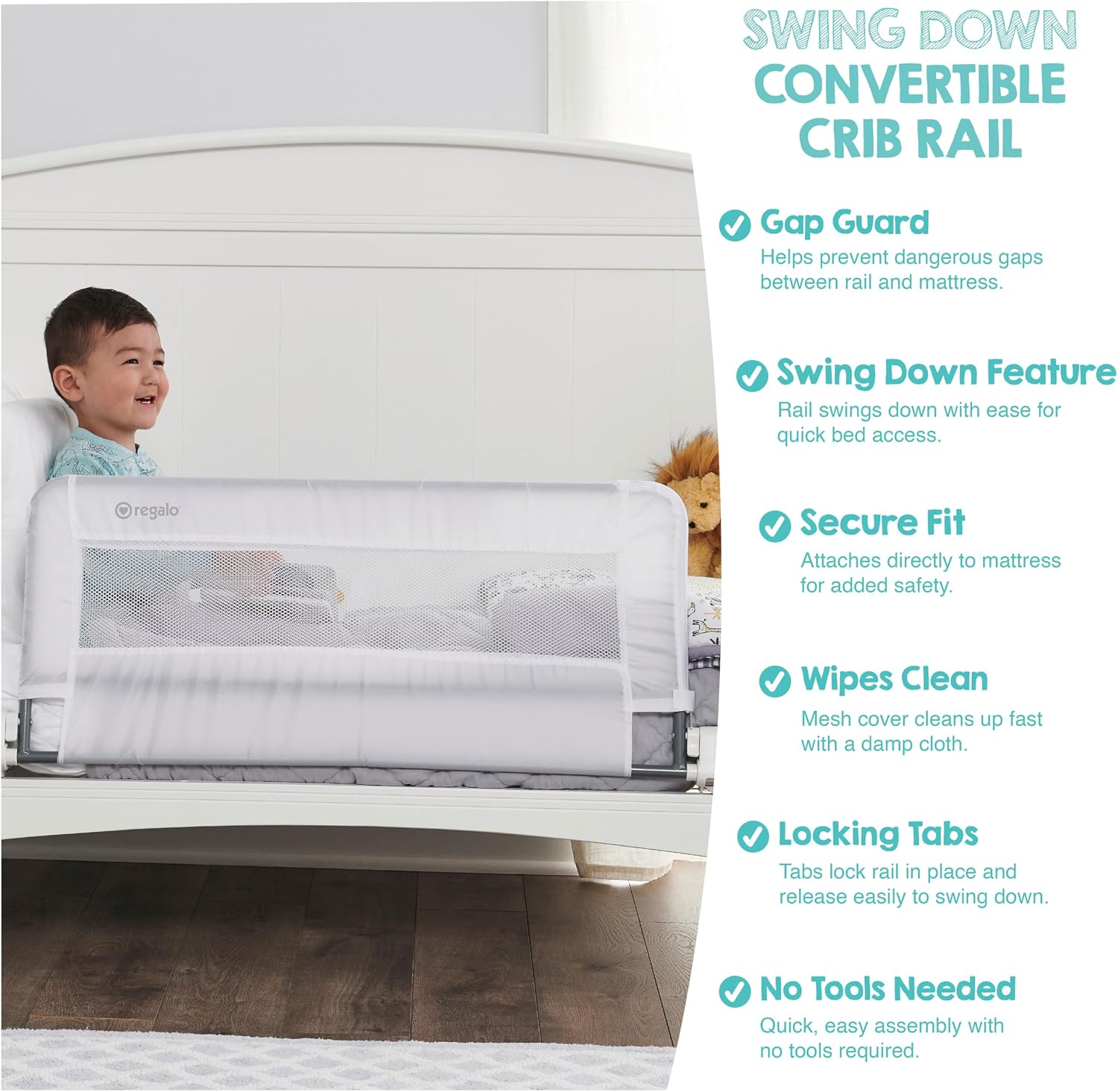 Regalo Safety 54” Extra Long Hideaway Bed Rail Guard for Toddlers, Toddler Bed Rail with Reinforced Anchor Safety System, 20” Tall Bed Safety Rail, Fits Twin, Full & Queen Beds