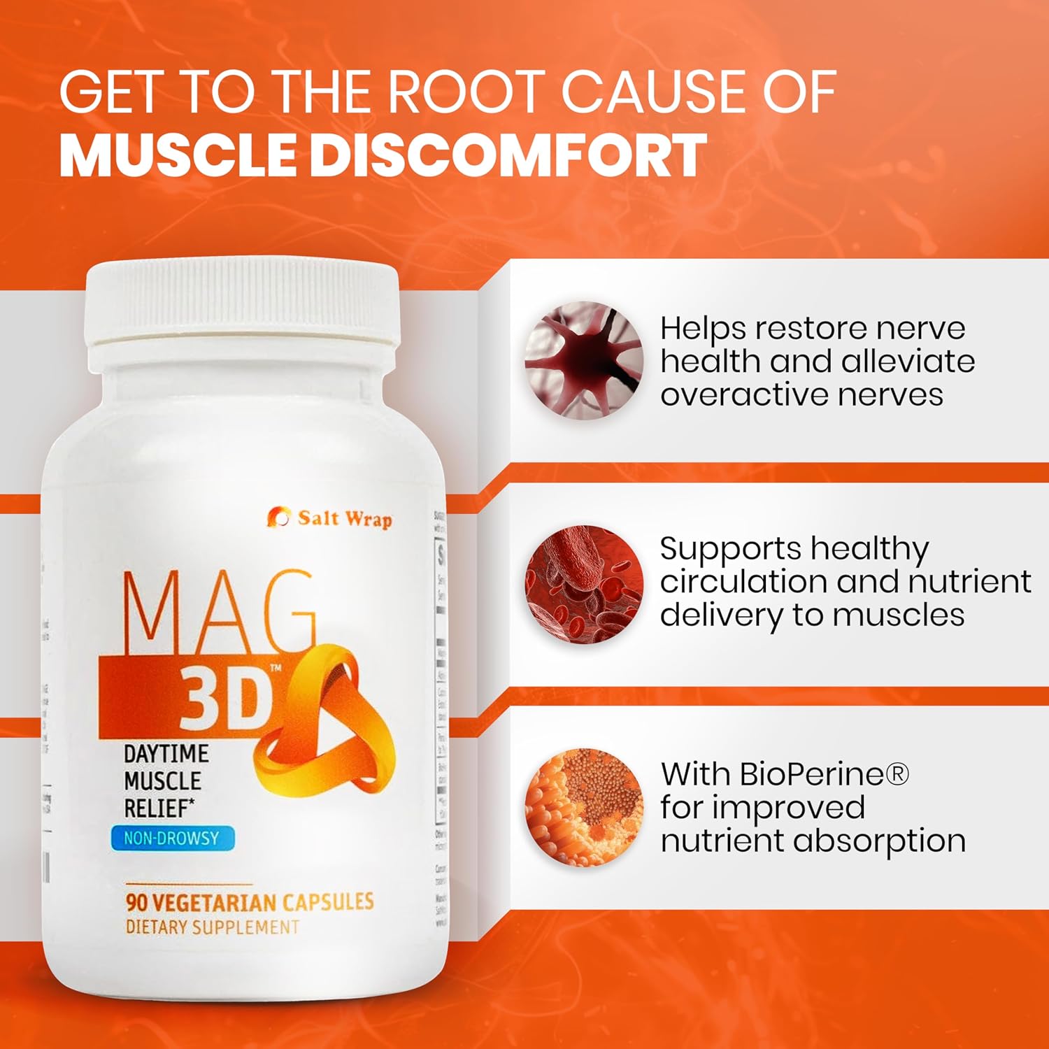 SaltWrap Mag 3D – Daytime (Non-Drowsy) Leg Cramp & Muscle Relief Support - Natural Supplement for Muscle and Nerve Health with Turmeric