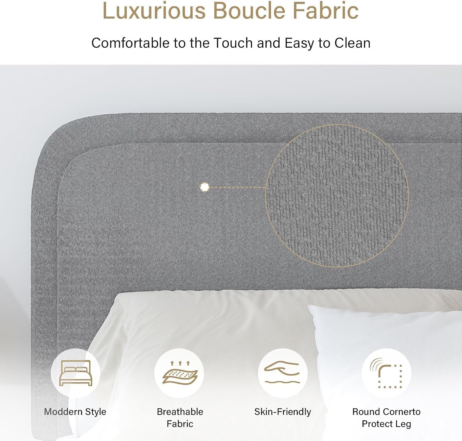 BarnFurin Full Bed Frame, Cloud Boucle Headboard, Rounded Corners, White | Soft boucle and rounded edges create a low-profile cloud look. Wooden slats support the mattress without a box spring