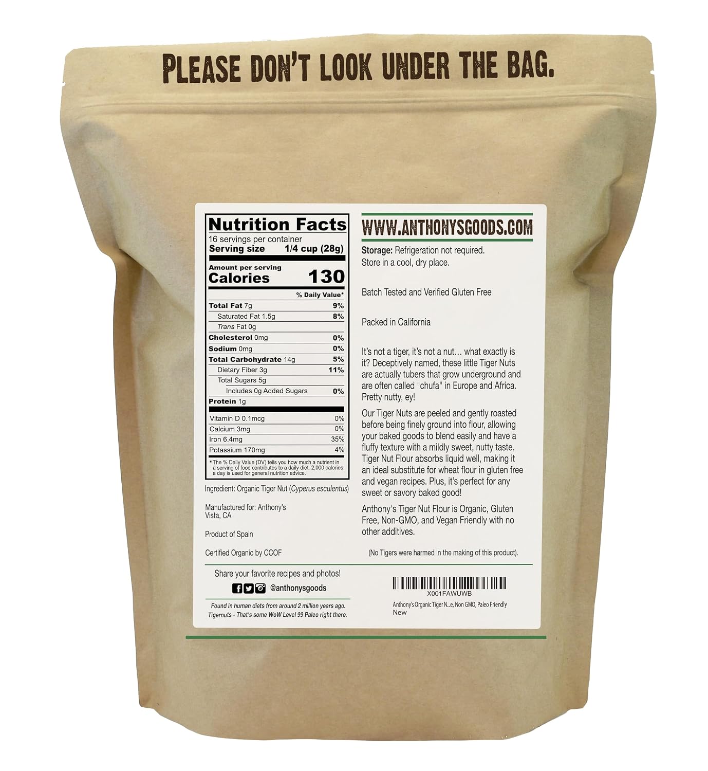 Anthony's Organic Tiger Nut Flour, 1 lb, Gluten Free, Non GMO, Paleo Friendly
