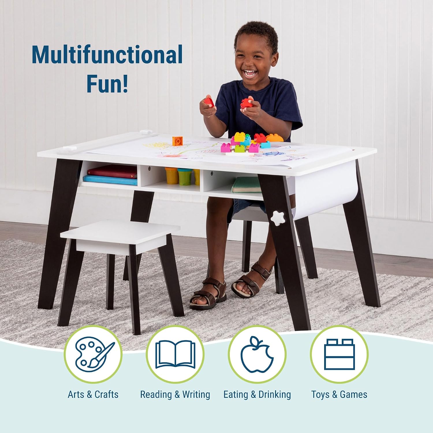 Wildkin Kids Arts & Crafts Table Set – Mid-Century Modern Design with 2 Stools, Storage Cubbies & Paper Roll - White