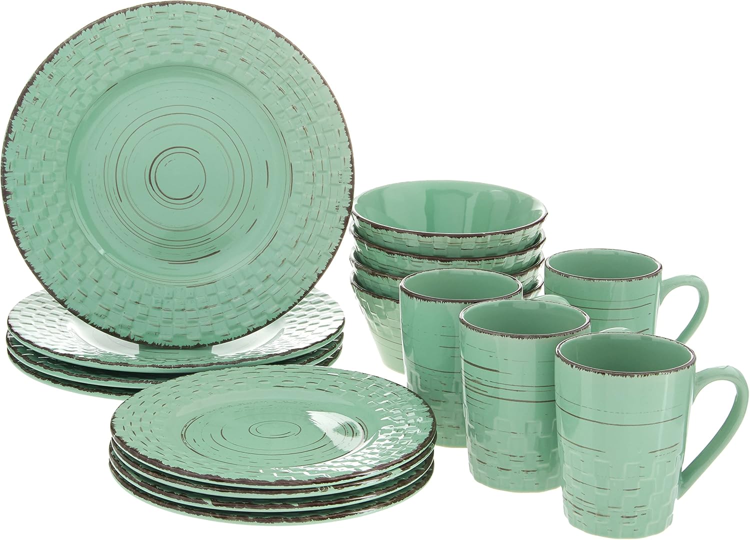 Lorren Home Trends Distressed Weave Dinnerware Set, Buttercup, 16 Piece | Service for 4
